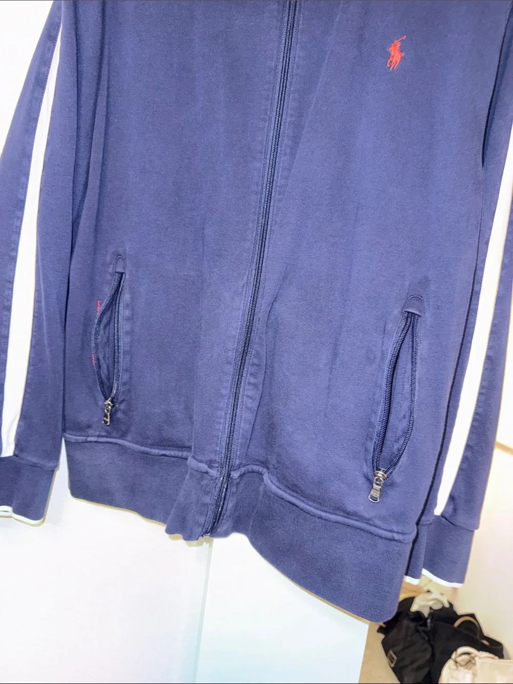 Polo by Ralph Lauren Navy Zip-Up Track Jacket with White Stripes and Red Pony